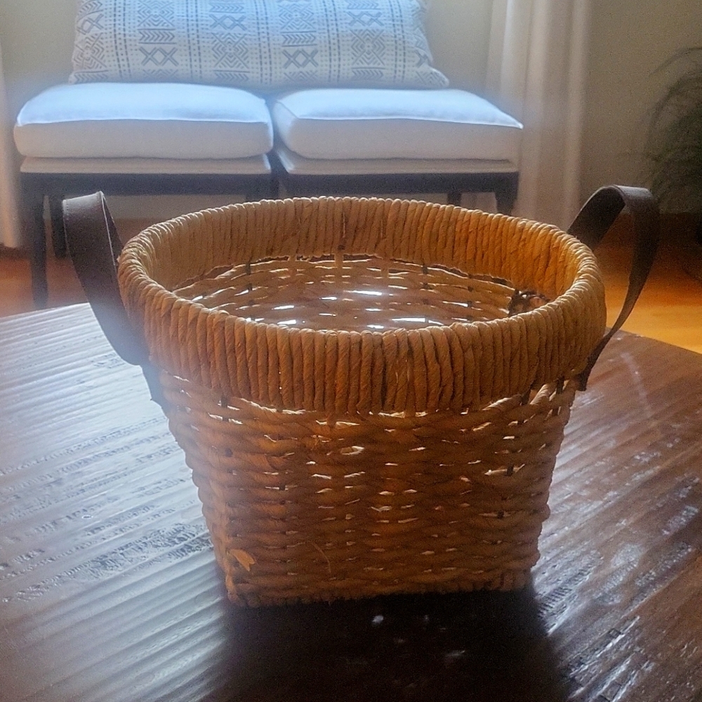 Wicker Basket - woven with brown leather handles